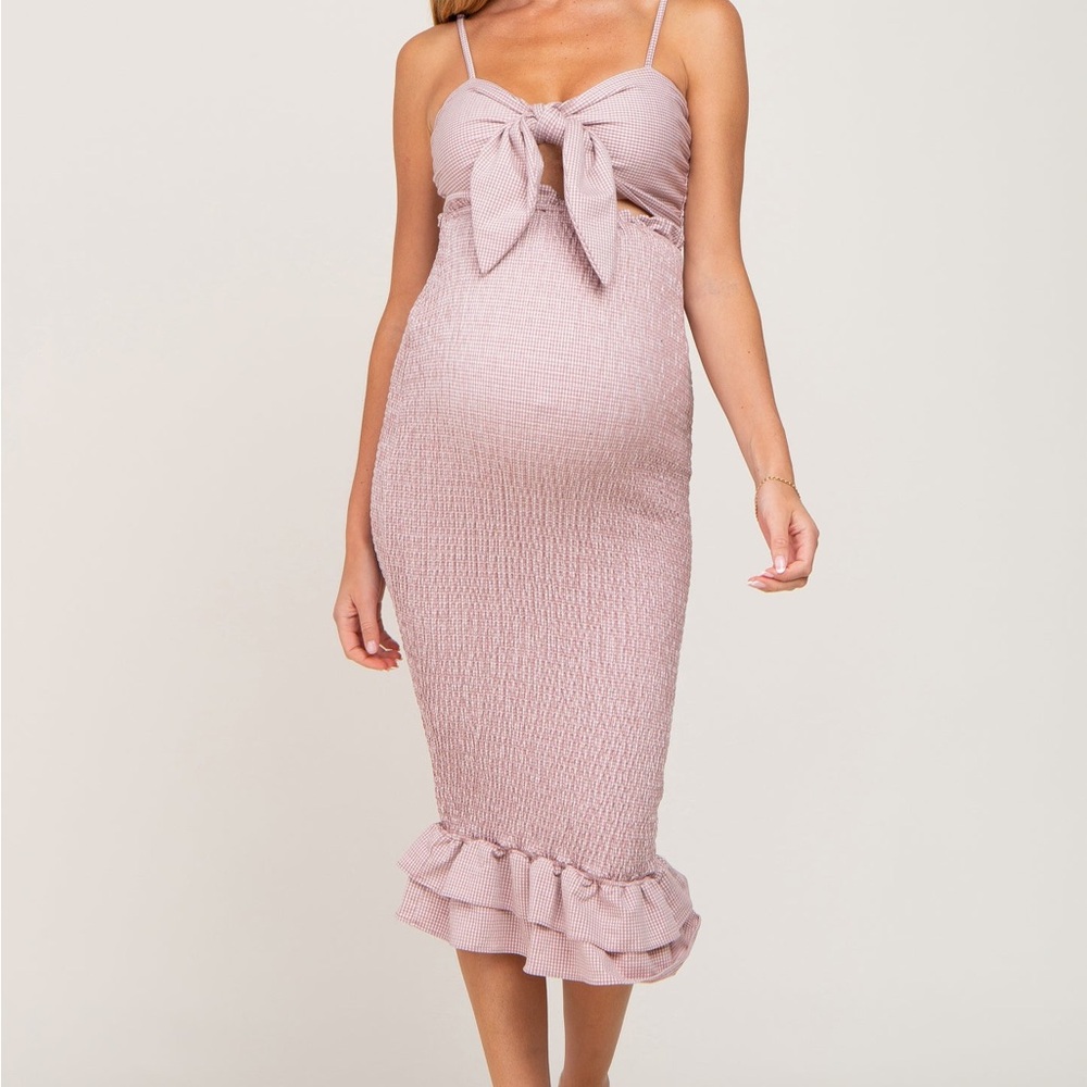 Mauve Gingham Print Smocked Fitted Self-Tie Maternity Midi Dress Medium
